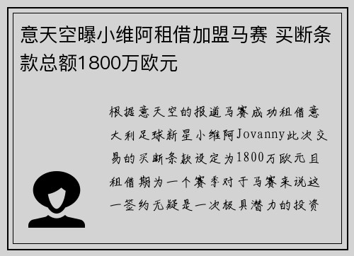 意天空曝小维阿租借加盟马赛 买断条款总额1800万欧元
