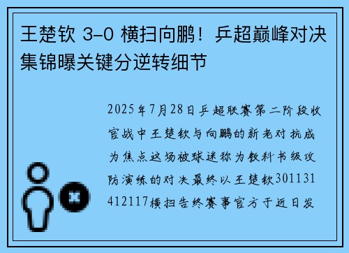 王楚钦 3-0 横扫向鹏！乒超巅峰对决集锦曝关键分逆转细节