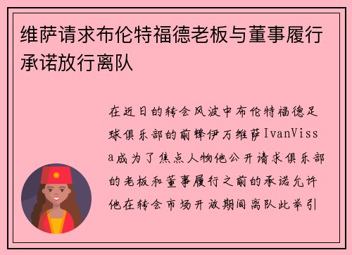 维萨请求布伦特福德老板与董事履行承诺放行离队